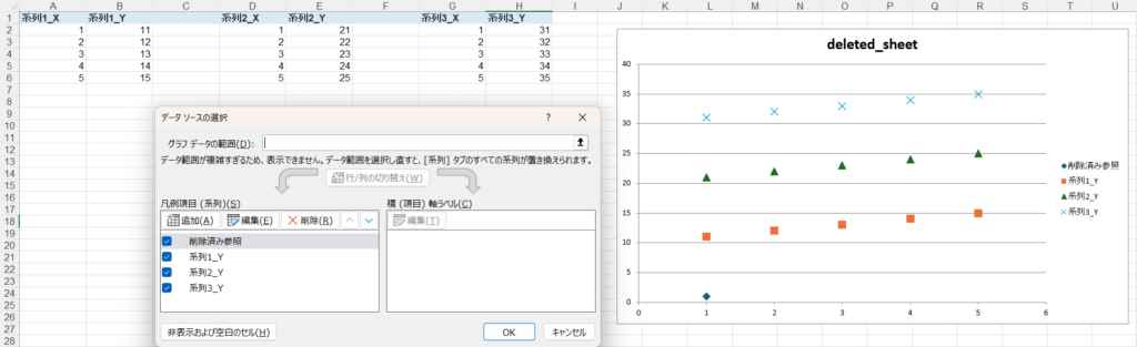 同じ5行データから3系列を追加した修正版実行後のExcelグラフ